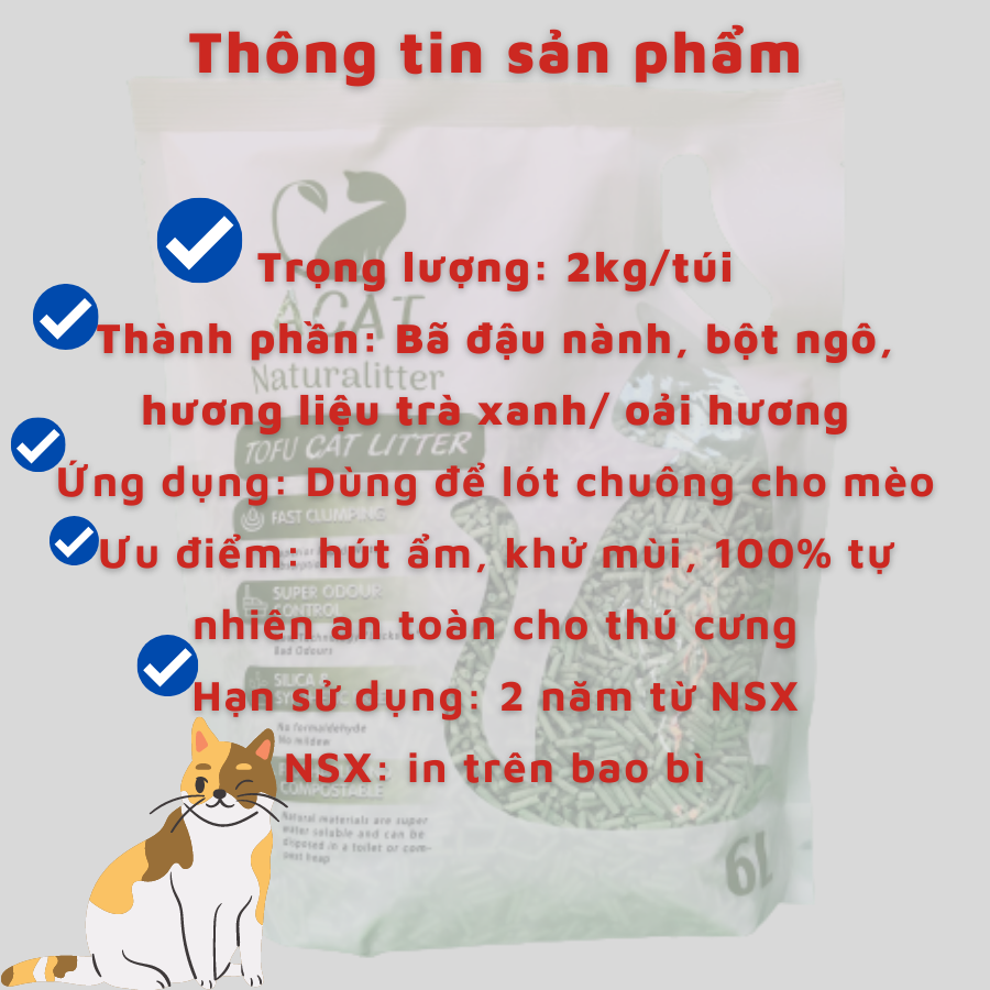 Cát vệ sinh đậu phụ cho mèo ACAT TOFU 6L mùi lAVENDER túi 2kg