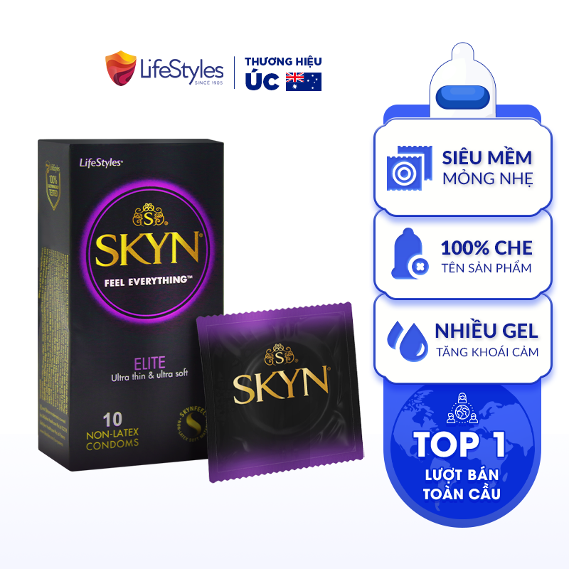 Bao cao su LifeStyles SKYN Elite Non-latex siêu mỏng siêu mềm không mùi cao su 10 bao
