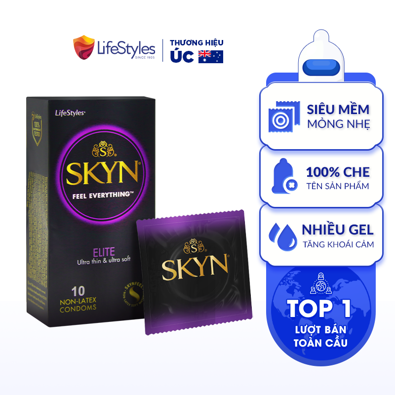 Bao cao su siêu mỏng, trơn mượt LifeStyles SKYN Elite - Non-latex không mùi cao su - 10 bao