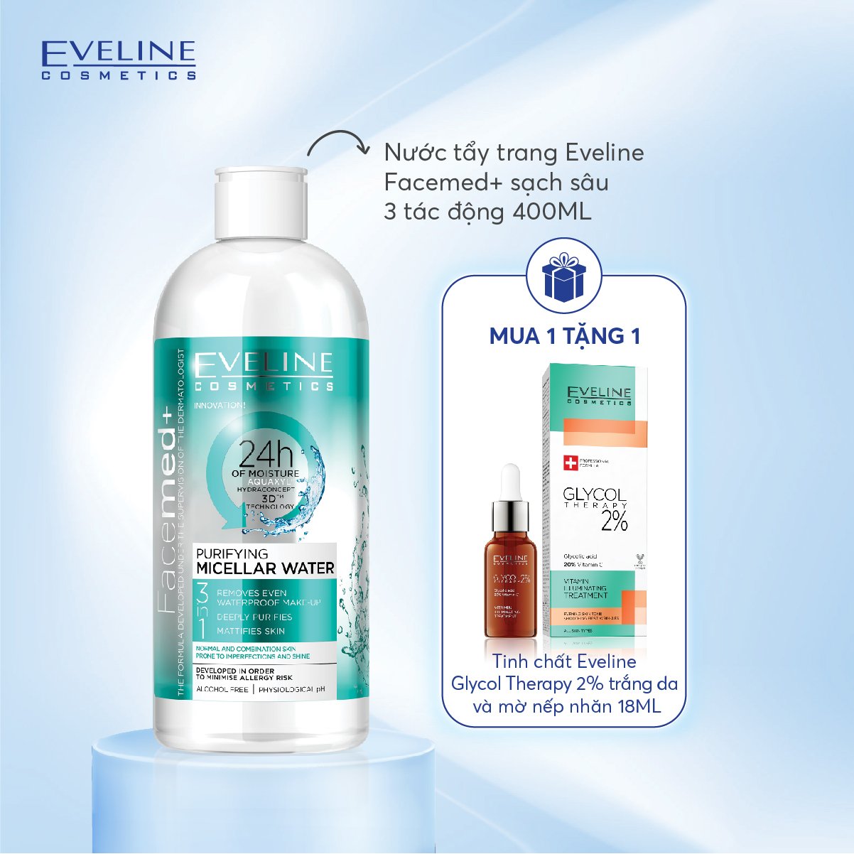 (Tặng túi đựng mỹ phẩm) Nước tẩy trang Eveline Facemed+ sạch sâu 3 trong 1 không cồn cho da dầu - 400ml