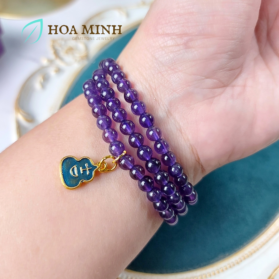 Vòng tay chuỗi 108 hạt Thạch Anh Tím Amethyst size 5.3 li tự nhiên phối charm túi tiền may mắn phong thủy mệnh Hỏa, Thổ