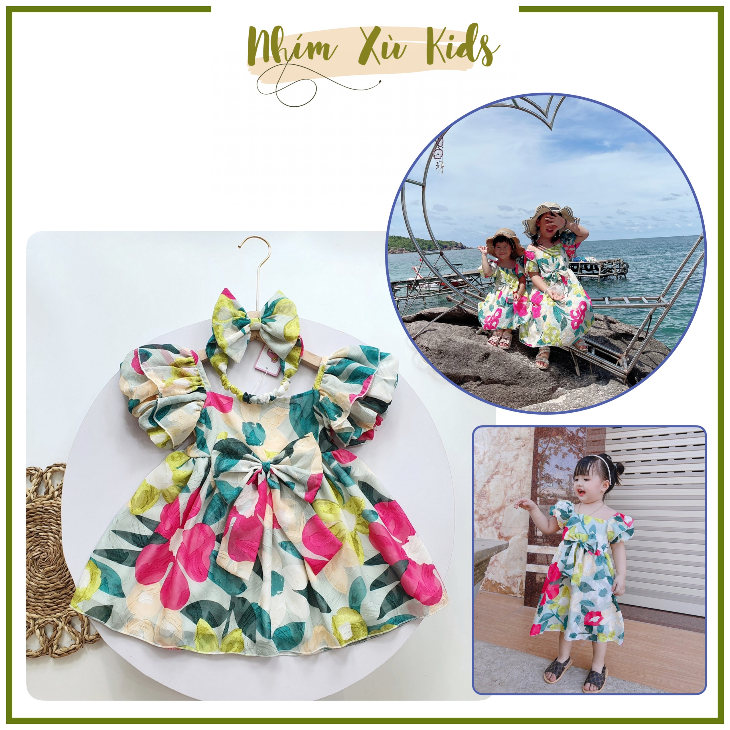 Váy Mẹ - Bé Tơ Lụa Hoa Xanh Bé Gái 4 Đến 28kg, Đầm Bé Gái Chất Tơ Lụa Nổi 2 Lớp