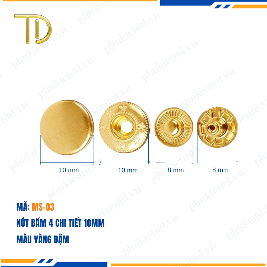 Nút bấm 4 chi tiết, nút bấm túi xách, cúc bấm túi xách 10mm, Mạ điện độ bền 5-8 năm