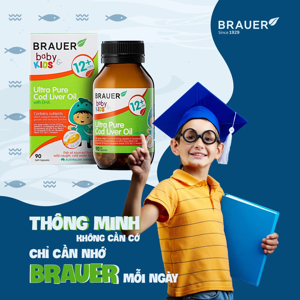 Viên mềm Dầu gan cá Tuyết tinh khiết và DHA Brauer Baby & Kids Ultra Pure Cod Liver Oil with DHA cho bé trên 1 tuổi - Nhập khẩu Australia