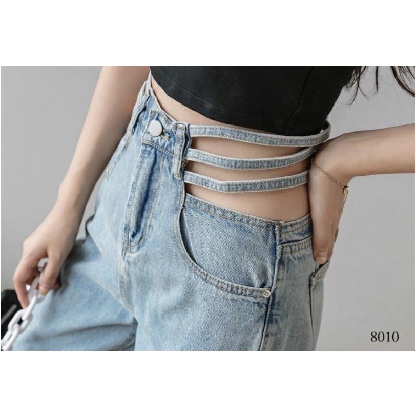 Quần jeans nữ ống rộng khoét eo đan dây