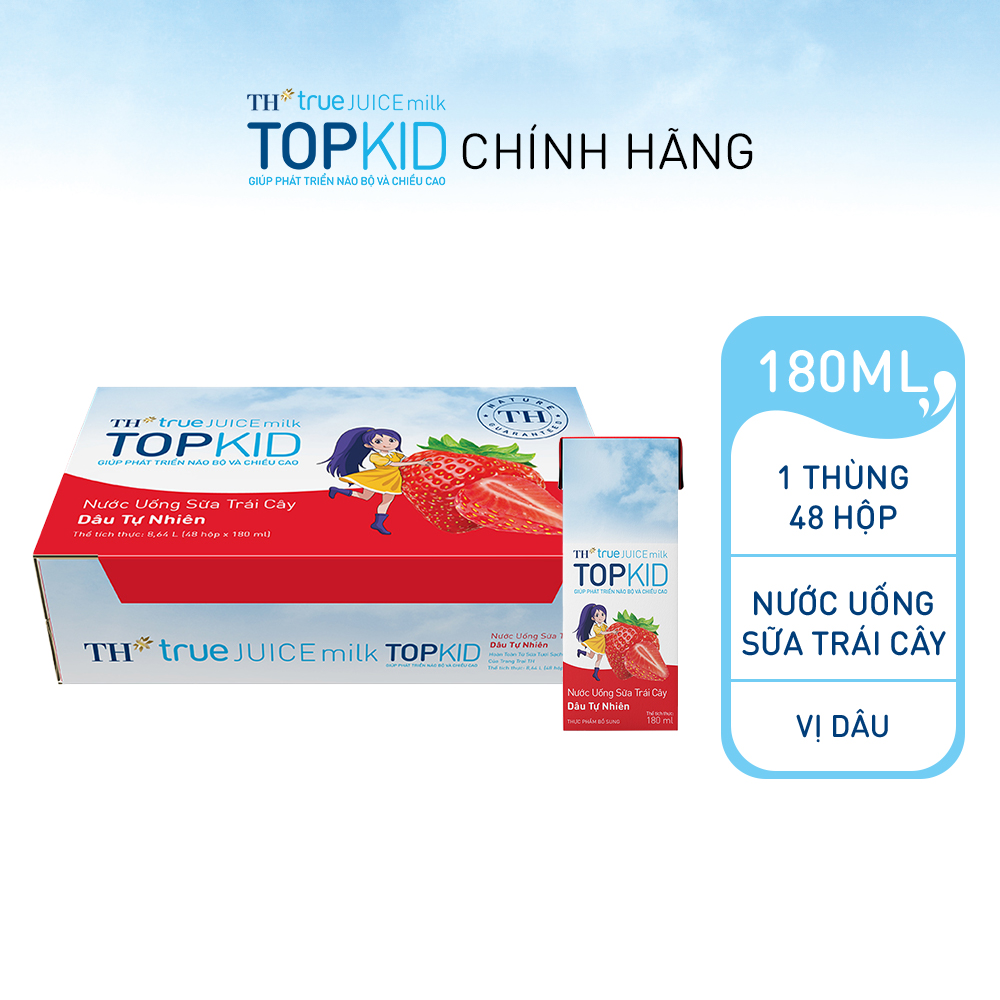 Thùng 48 hộp sữa trái cây TOPKID hương dâu tự nhiên TH True Juice Milk 180ml