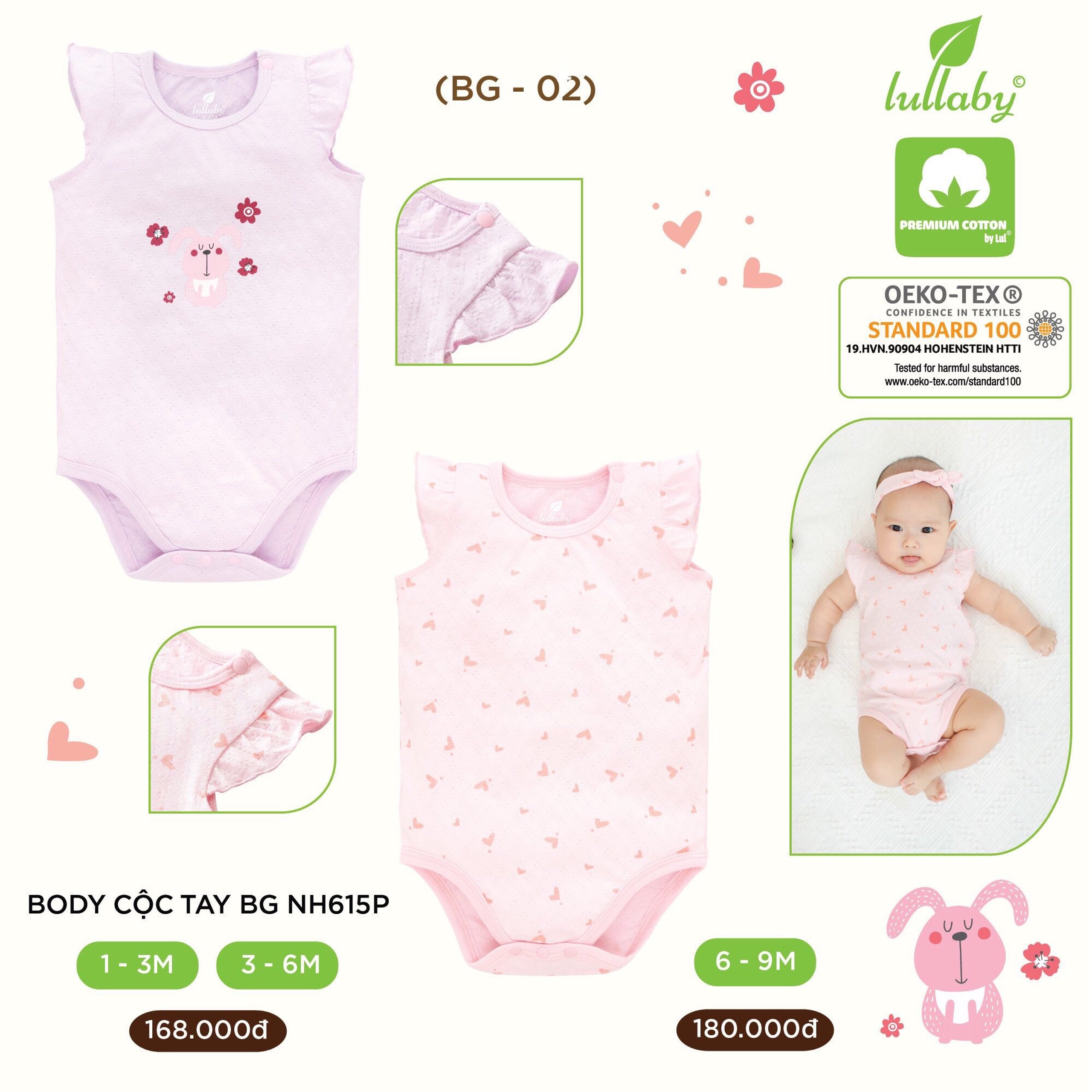 Set 2 Áo liền quần Bodysuit cộc tay Bé Gái Lullaby Bộ sưu tập POINTELLE Vải Thở 2021 – NH615P 3 size cho bé 3m 6m 9m