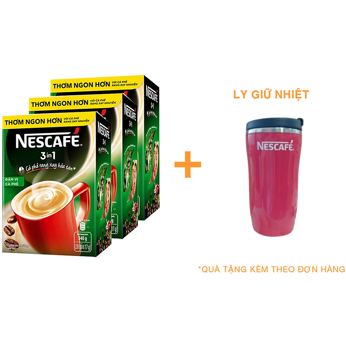 Combo 3 hộp NESCAFÉ 3IN1 Công thức cải tiến - Vị rang đậm  - Hộp 20 gói x 17 g [Tặng 1 ly giữ nhiệt]