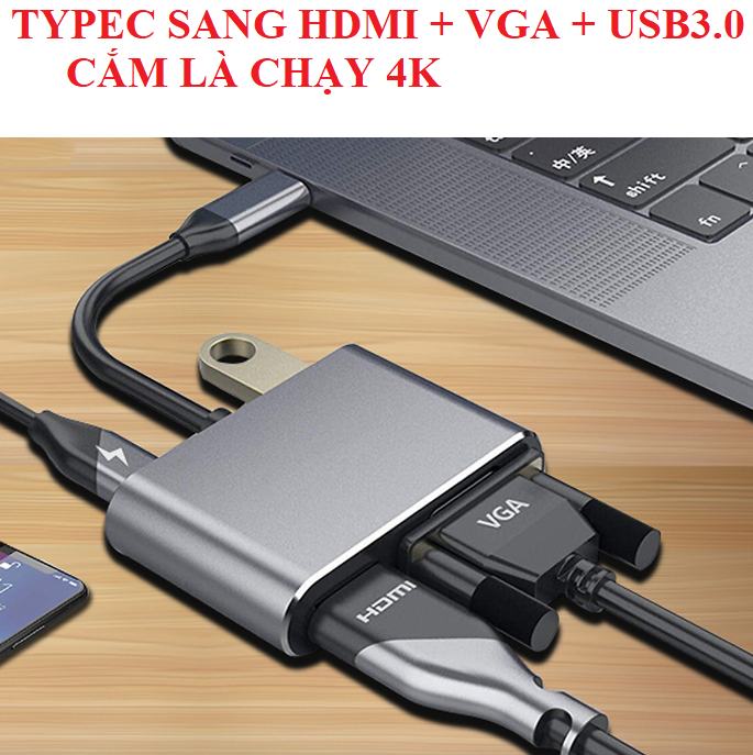 Cáp chuyển đổi từ chân Typec sang HDMI và VGA USB3.0 chất lượng 4K cho macbook điện thoại kết nối với tivi máy chiếu hỗ trợ DEX cáp typec to HDMI+VGA hub chuyển đổi usb type-C