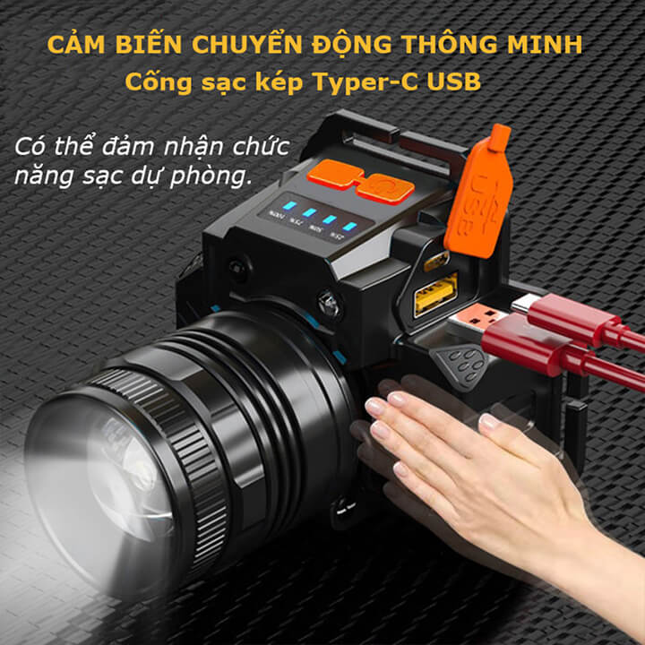 Đèn pin đội đầu siêu sáng 1 bóng chiếu xa 300m cảm biến vẫy tay, chip Led L9 Zoom xa gần, chống nước IPX6, pin trâu