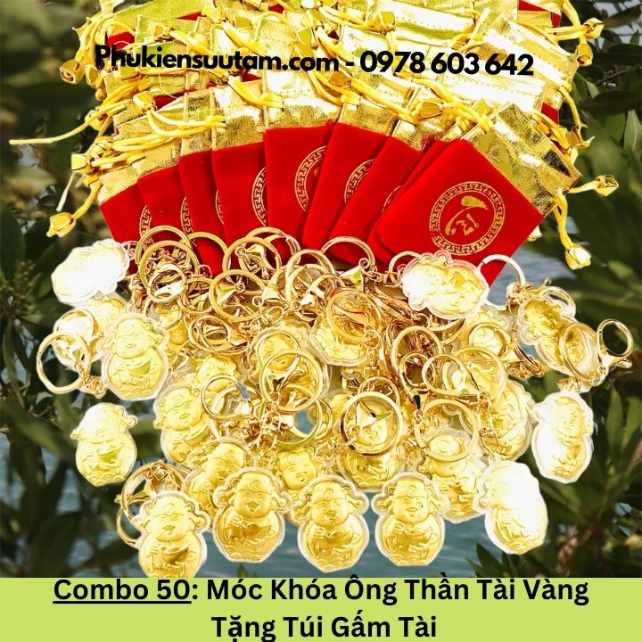 Combo 50 Móc Khóa Ông Thần Tài Vàng Tặng Túi Gấm Tài, kích thước: 4cmx3.5cm, màu vàng - SP005959