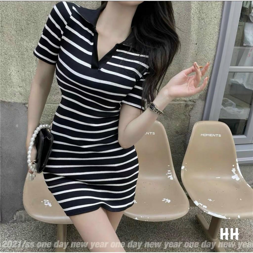 Váy thun cổ bẻ dài - ngắn kẻ sọc dáng ôm xẻ