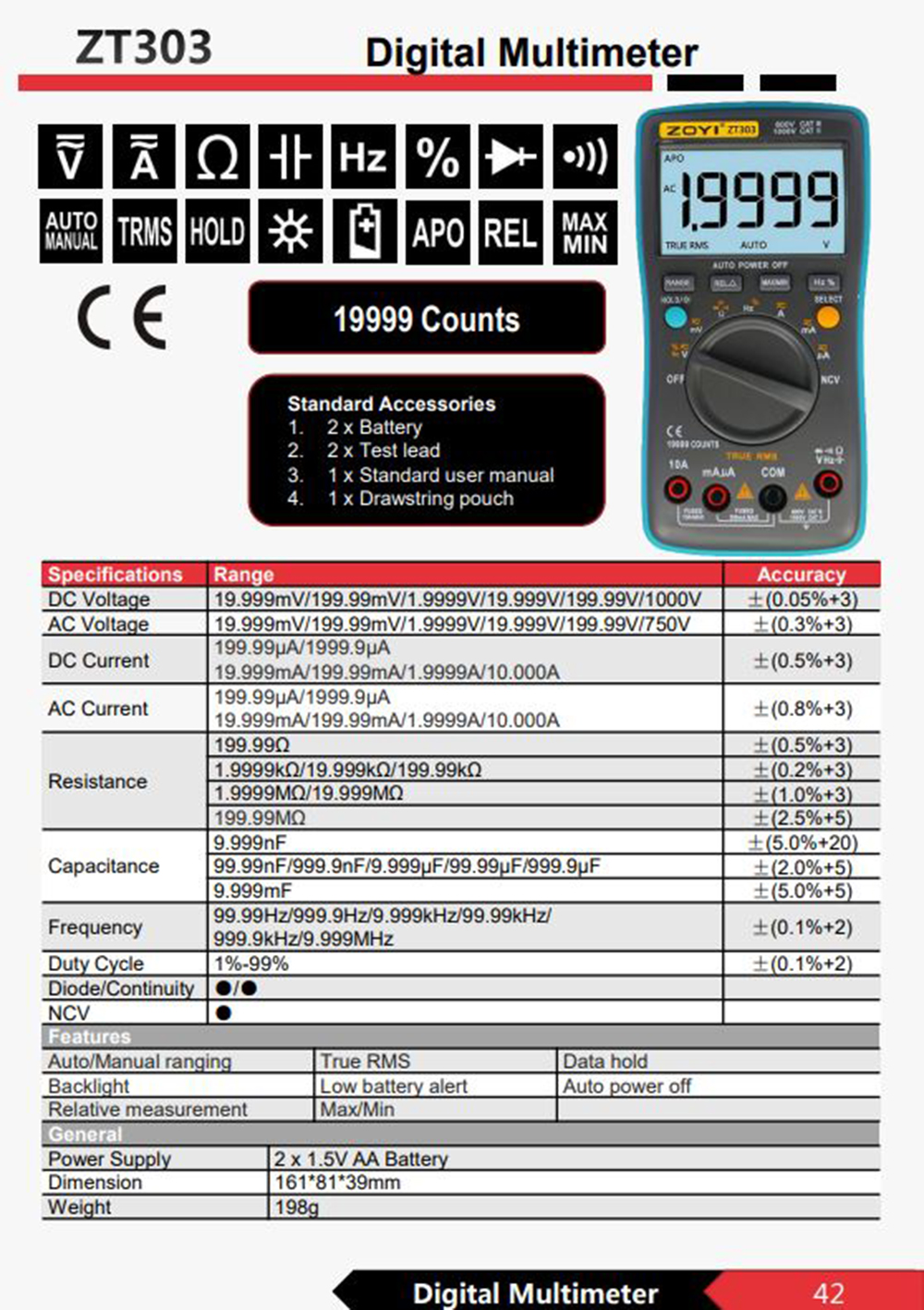 Đồng Hồ Vạn Năng Kỹ Thuật Số Zoyi ZT-303 Đồng Hồ Có Nhiều Chức Năng Đo Điện Áp, Dòng Điện, Điện Trở, Diode, Đo Liên Tục Với Kết Quả Đo Có Độ Chính Xác Cao – Hàng Chính Hãng