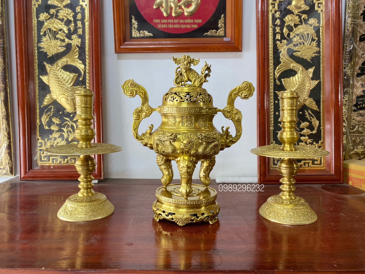 Bộ Lư Đỉnh đồng vàng cao 50cm đẹp