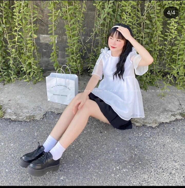 Áo sơ mi Nơ vai chất tơ đũi, dáng baby doll