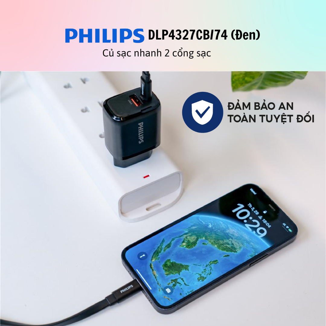 Củ sạc nhanh Philips 2 cổng sạc DLP4327CB/74 - DLP4327CW/74 - Hàng Chính hãng