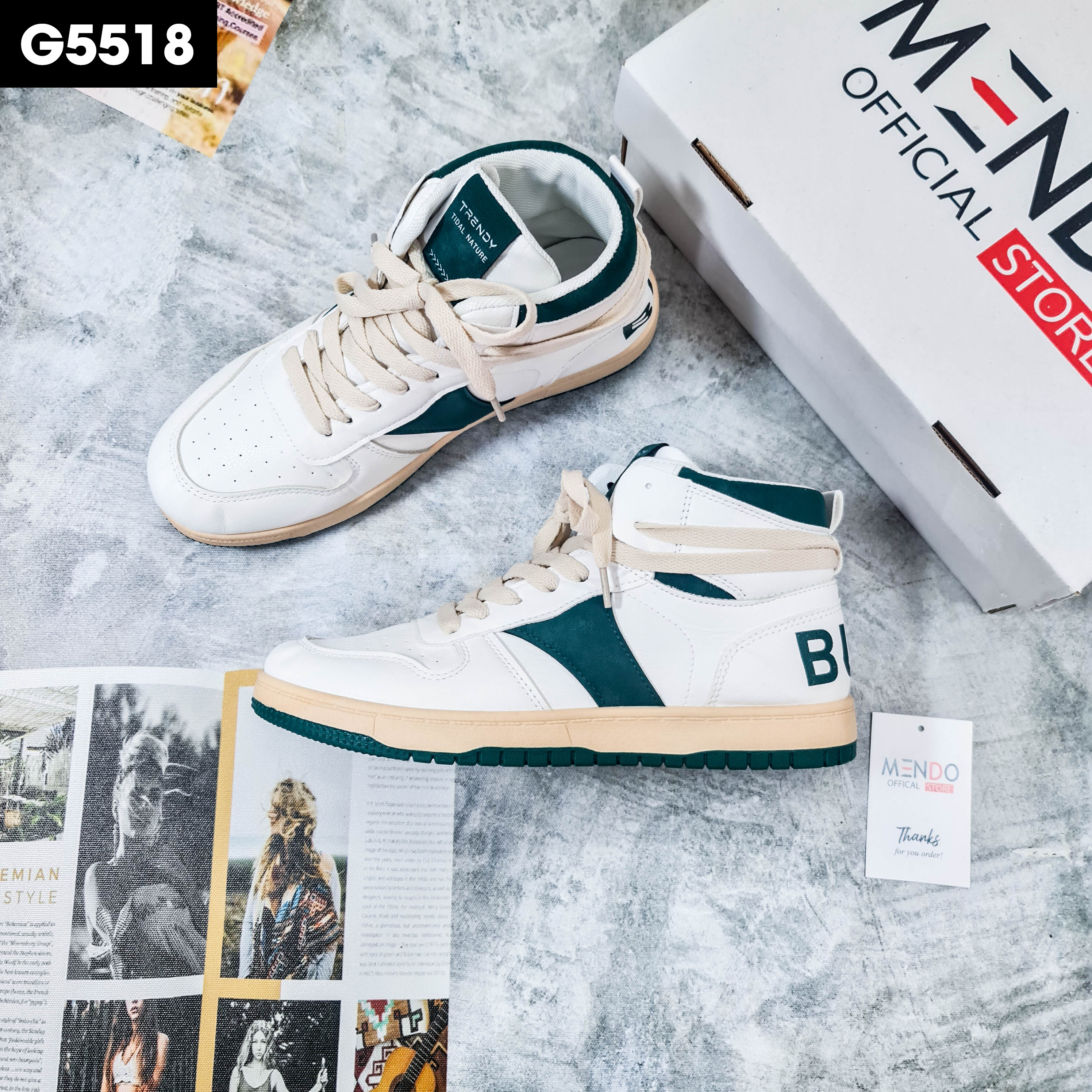 Giày Thể Thao Nam MENDO - Giày Sneaker Màu Xanh Lam - Xanh Lá Cổ Cao Phong Cách Cool Ngầu Phù Hợp Phối Mọi Đồ - G5523