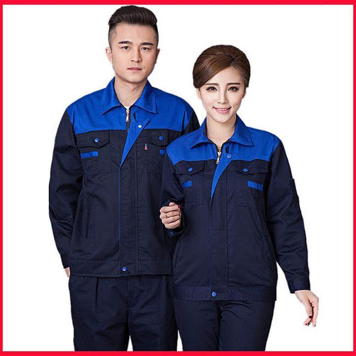 Áo bảo hộ lao động nam nữ màu than phối xanh khóa kéo SHUNI -005A vải kaki liên doanh loại dày, đồng phục kỹ sư,xây dựng