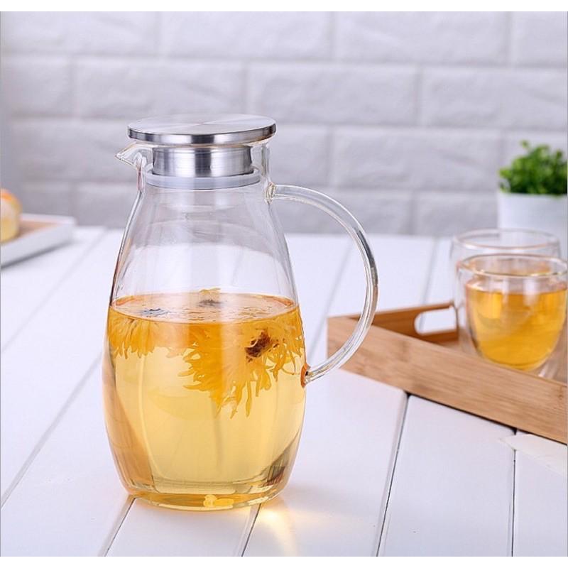 Bình nước thủy tinh chịu nhiệt, Bình dáng Bầu 1.6L , cốc thủy tinh 2 lớp 250ml