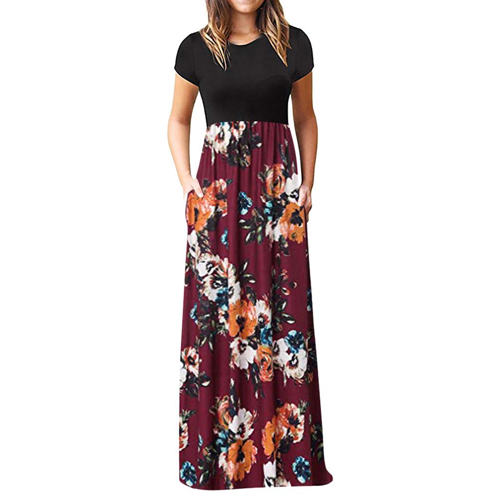 Women Plus Size Dress Retro Floral Print O Neck Short Sleeves Side Pockets Summer Casual Maxi Party Beach Dress