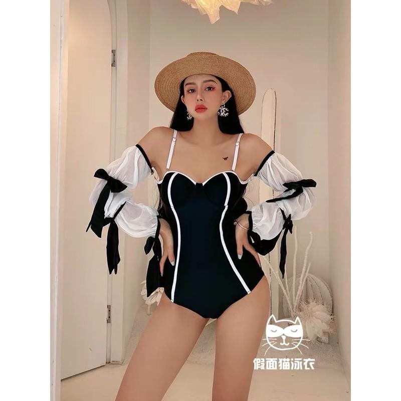 BIKINI 1 mảnh uzzlang hàn quốc đen tay bồng
