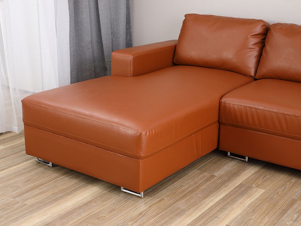 Ghế sofa giường góc chữ L phải POLLY khung gỗ chân thép, đệm bọc da PVC cao cấp màu nâu | Index Living Mall - Phân phối độc quyền tại Việt Nam