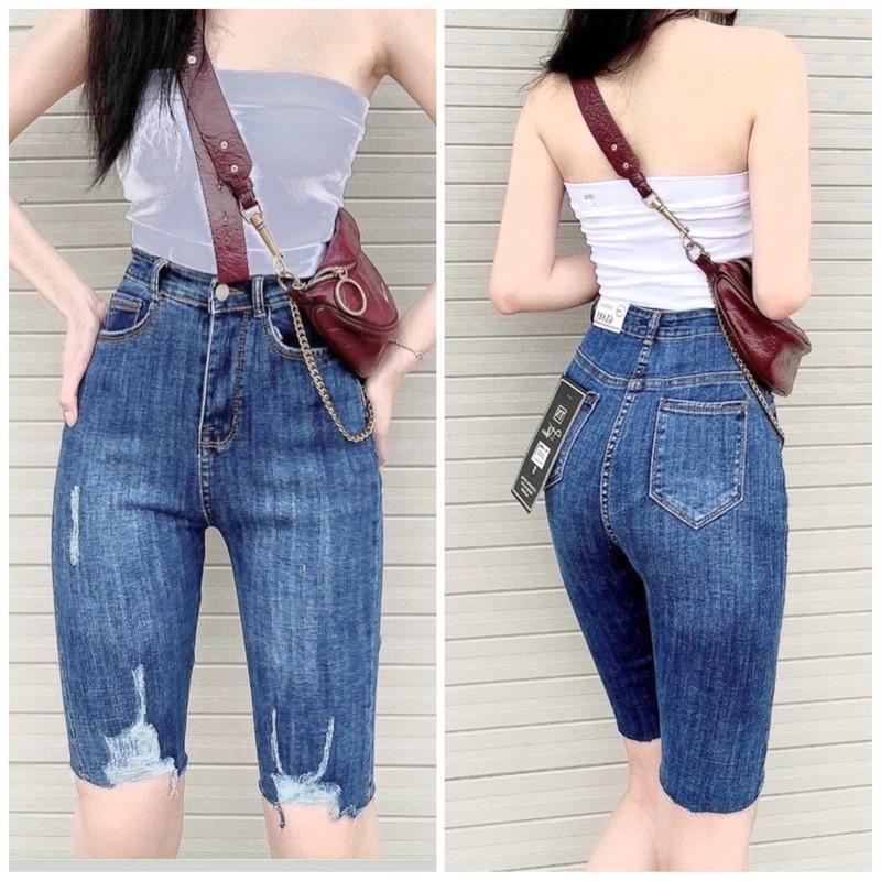 Quần bò ngố / lửng BIGSIZE lưng siêu cao, co dãn mạnh rách xước kiểu đẹp thời trang 90kg 3851