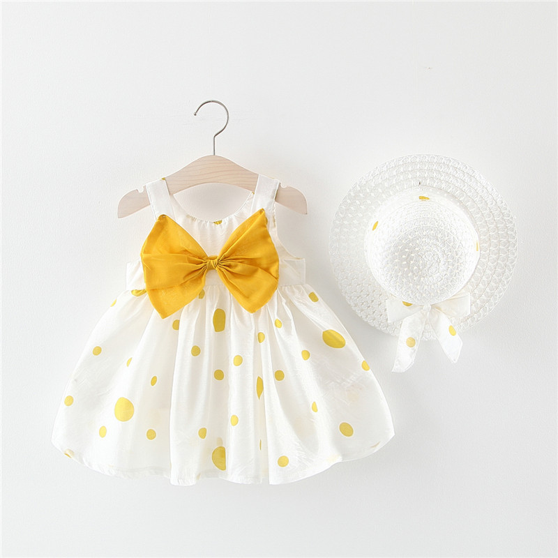Set đầm xòe bé gái kèm mũ rộng vành xinh xắn, đầm đi biển cho bé từ 9-18kg - váy xòe cho bé chấm bi dễ thương