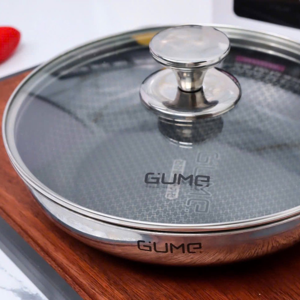 Chảo inox 18/10 đúc liền khối chống dính Blackcube Gu Me Hàn Quốc size 24/28cm đáy từ kèm vung kính, hành chính hãng