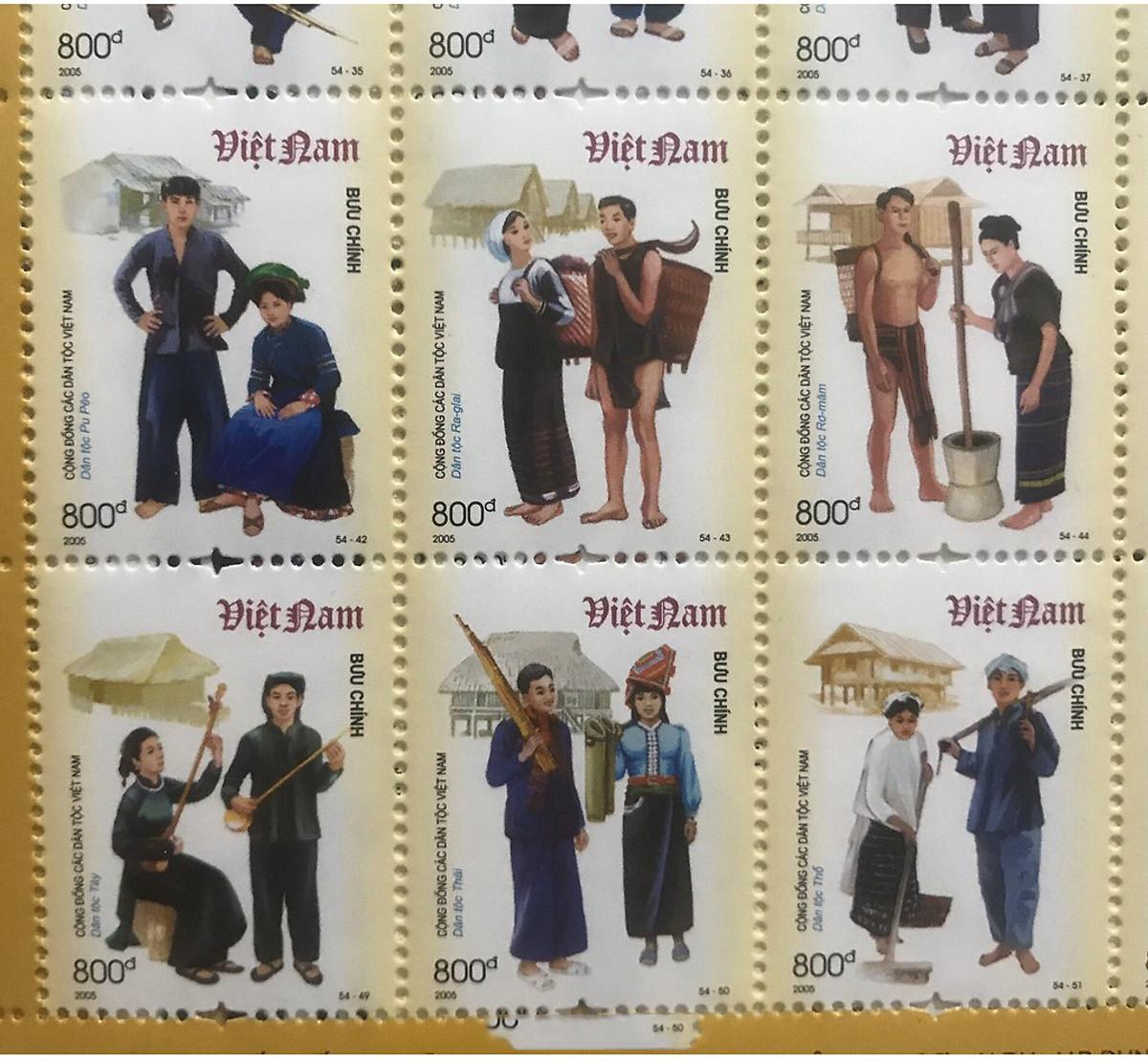 Bộ tem 54 dân tộc Việt Nam sưu tầm - Gồm 56 con tem chưa xé dính liền nguyên tấm - Quà tặng độc lạ