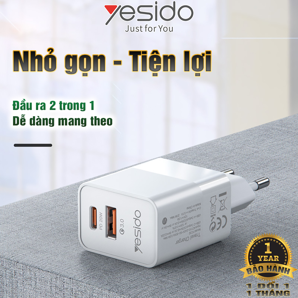 Củ sạc nhanh chuẩn kép PD20W và QC3.0 Yesido YC-32 công suất 20W - Hàng chính hãng