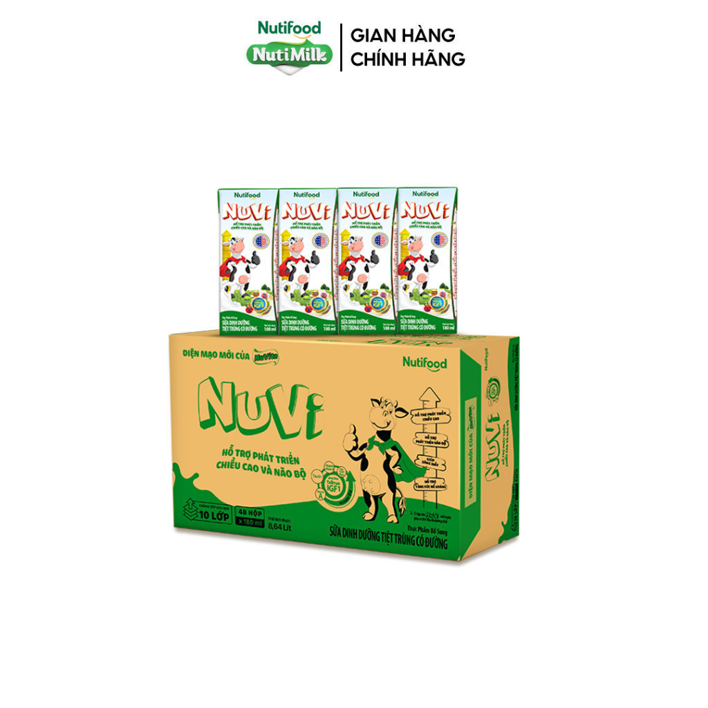 Thùng 48 hộp Sữa Dinh Dưỡng Tiệt Trung Nuvi Có Đường 180ml - Tăng Đề Kháng, Phát Triển Chiều Cao