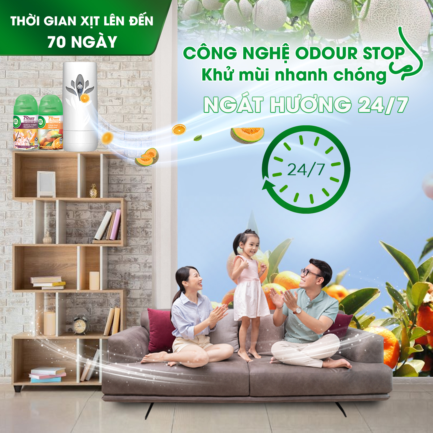 Bộ máy xịt phòng tự động Air Wick Cam quýt + Lõi dưa lưới, điểm hương ngọt ngào và thanh mát cho không gian sống