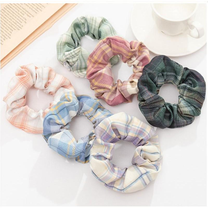 Dây buộc tóc vintage hàn quốc vải crunchies hoạ tiết caro