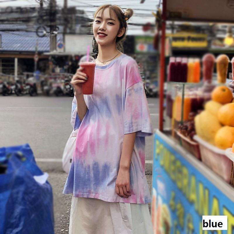 Women's Casual Round Neck Tie Dye Print Short Sleeve Loose Pullover Simple T-Shirt