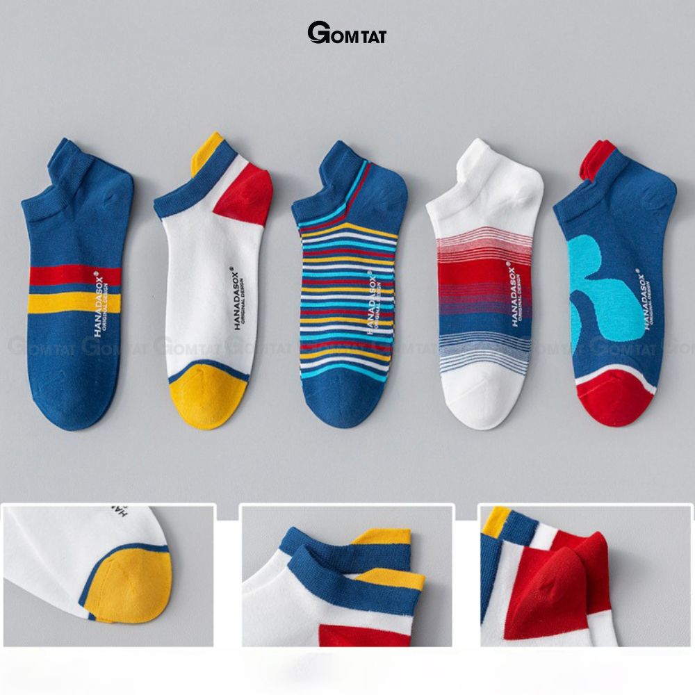 Set 5 đôi tất vớ nam cổ ngắn GOMTAT họa tiết, chất liệu cotton cao cấp thoáng mát, êm chân - PO-HANA-3013-CB5
