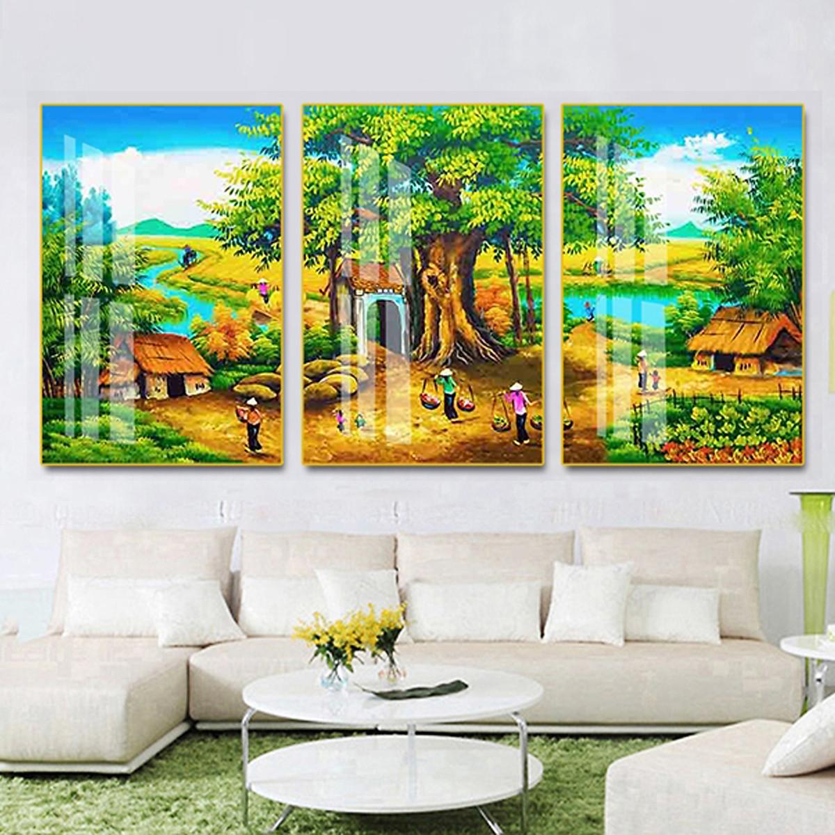 Tranh Tráng Gương Sang Trọng Treo Tường Hiện Đại _ Tranh Bộ 3 Phong Cảnh Đồng Quê