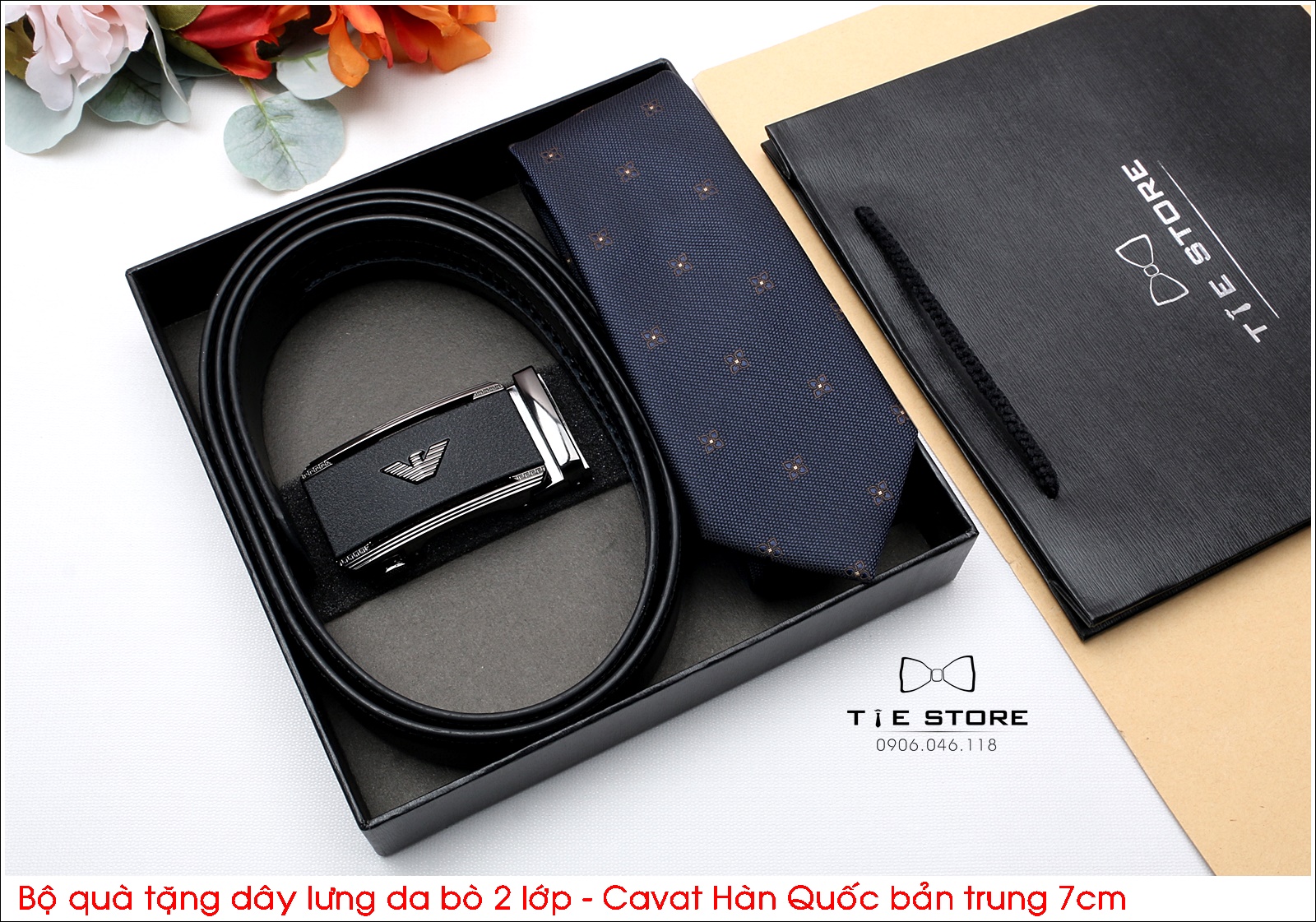 Bộ quà tặng thầy, tặng người thân, tặng sếp, Dây lưng da bò 2 lớp - Cavat hàn quốc bản trung 7cm - Full box