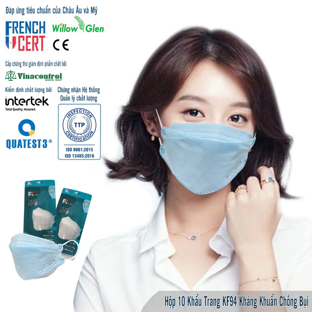 Khẩu Trang 4D Kiếu Dáng Hàn Quốc KF94 , Màu Xanh, kháng Khuẩn, Chống Bụi - Đạt Các Chứng Chỉ ISO 13485, ISO 9001, CE, FDA, TGA.