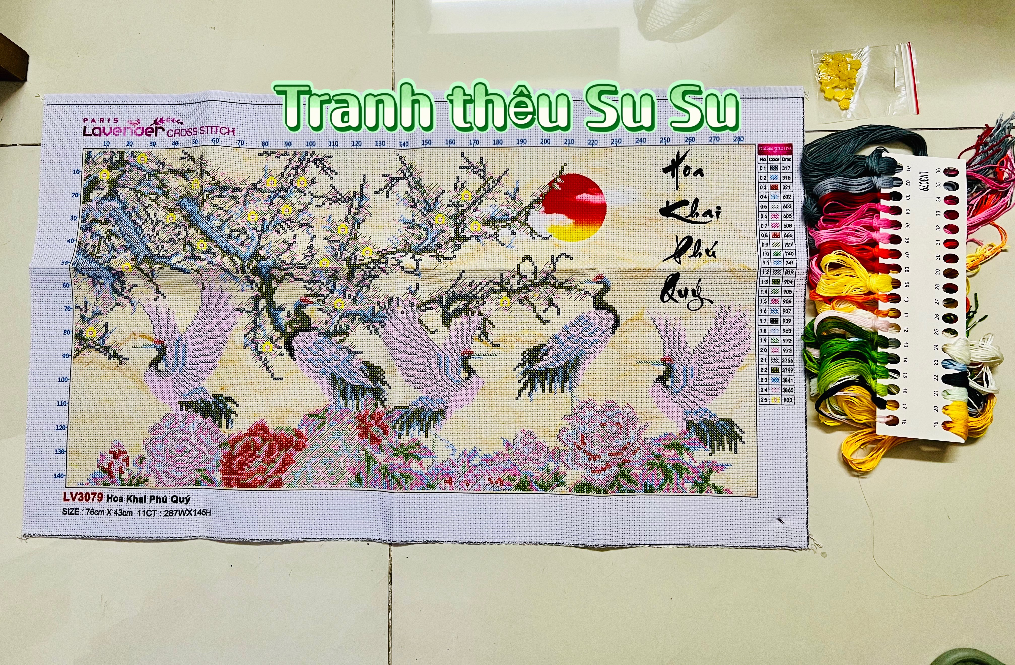 Tranh thêu chữ thập Hoa khai phú quý LV3079, tranh thêu 3D