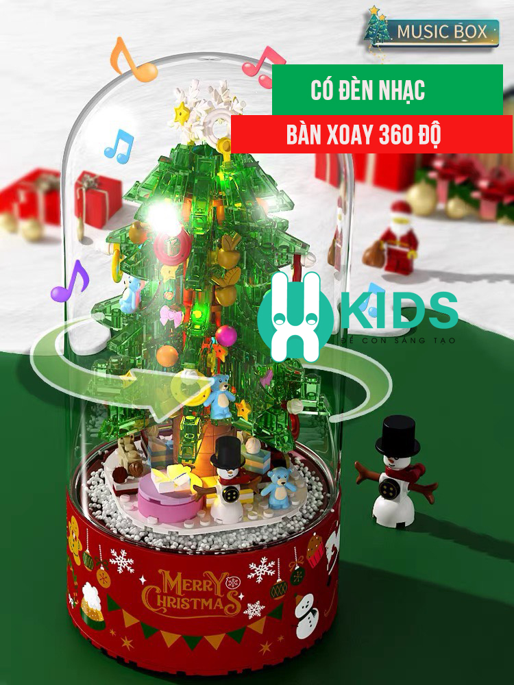 Hộp nhạc quà tặng noel cây thông giáng sinh lắp ráp trang trí DIY cỡ lớn có đèn phun tuyết tự động, xoay 360 siêu đẹp