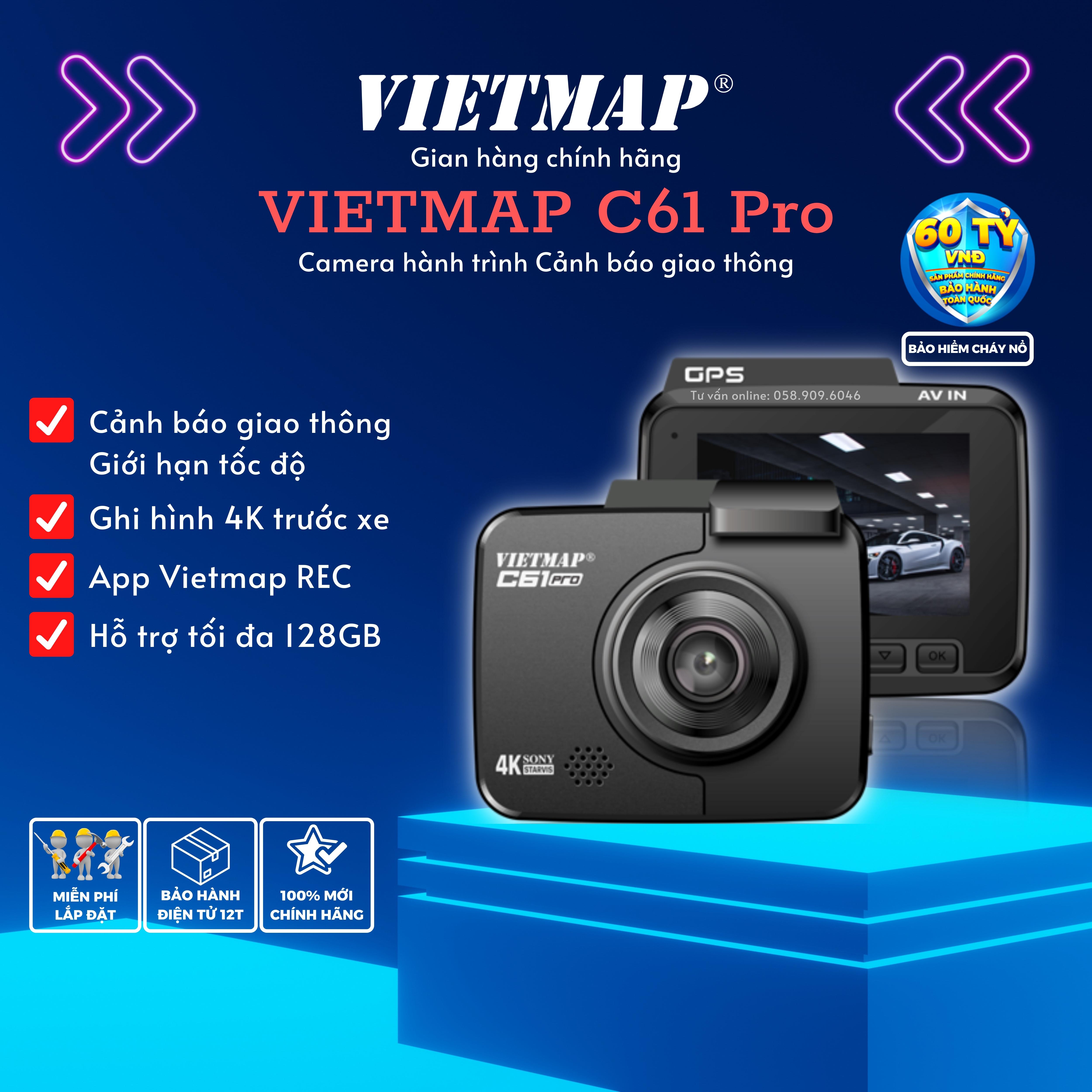 VIETMAP C61 Pro - Cảnh Báo Giao Thông bằng giọng nói - Camera hành trình ô tô ghi hình 4K- Hàng Chính Hãng
