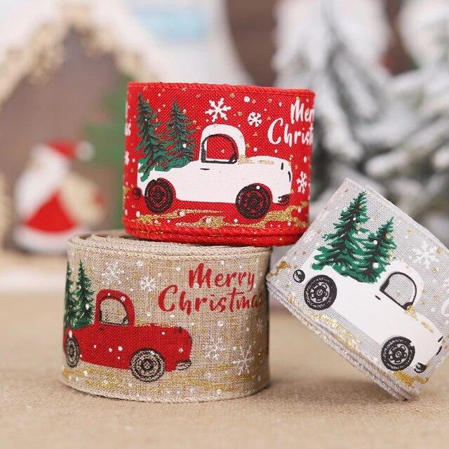 Ruy băng Noel vải bố hình ô tô chở cây thông chữ Merry Christmas bản rộng 5cm làm nơ và trang trí cây thông Giáng sinh