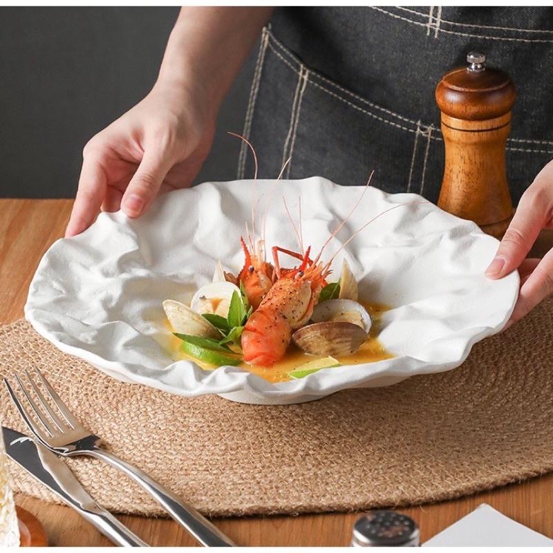 Đĩa sứ cao cấp nhà hàng Origami , Đĩa sứ Vân nhám trắng decor món ăn
