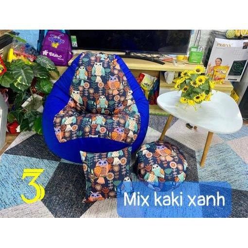 VỎ BỌC ghế lười xốp, họa tiết cú , vải thô hàn mix màu, 4 size (vỏ+lót,ko xốp) -INB MÀU