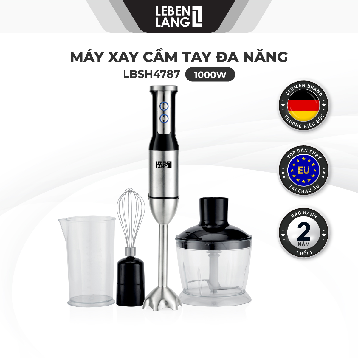 Máy xay cầm tay đa năng Lebenlang LBSH4787 công suất cao 1000W, trục xay tháo rời tiện lợi, lưỡi dao thép không gỉ - hàng chính hãng