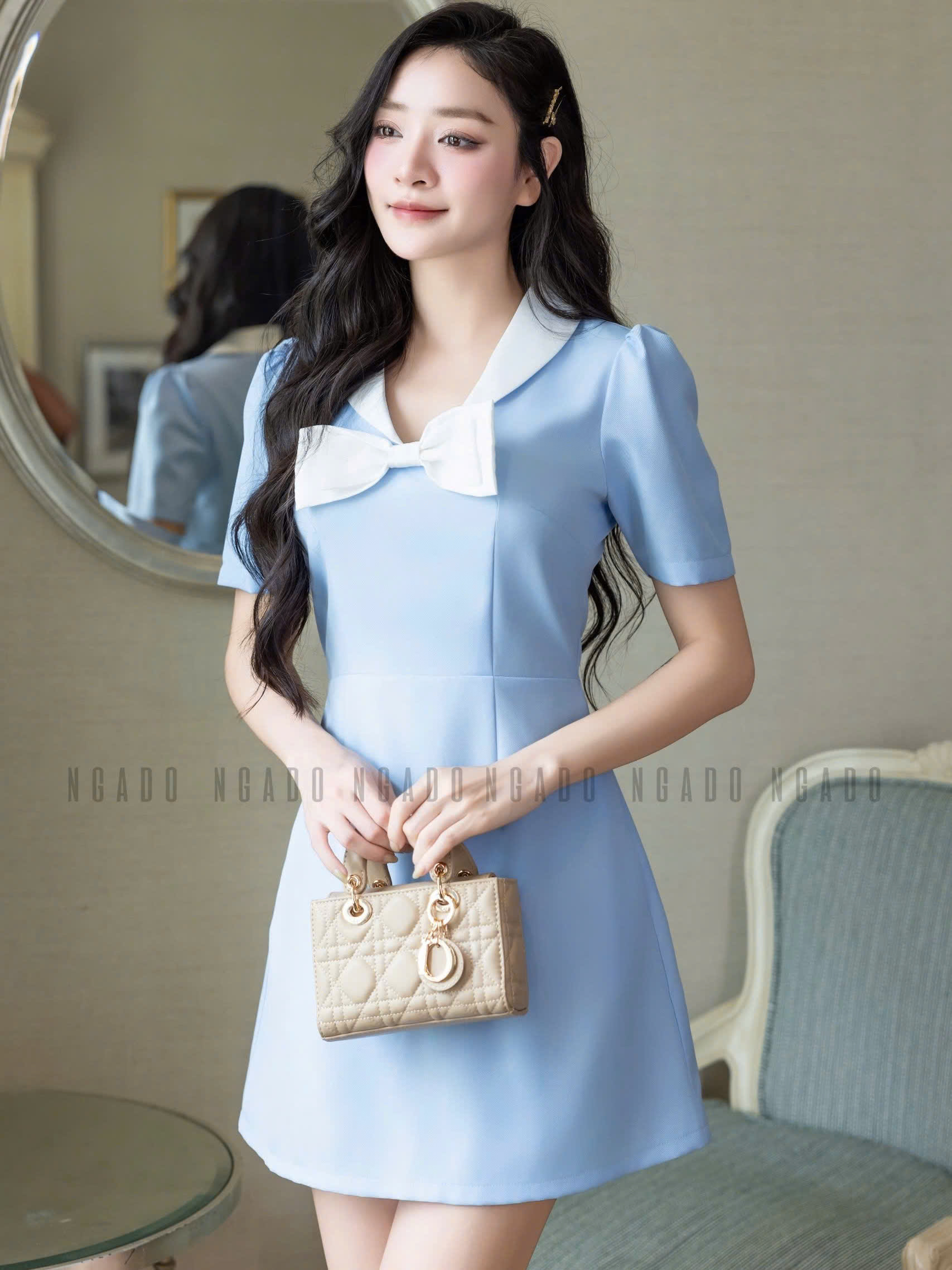 Đầm xanh cổ trắng đính nơ NGADO , đầm dự tiệc, đầm dạo phố