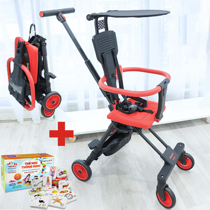 Xe đẩy trẻ em, Xe đẩy du lịch đảo chiều gấp gọn siêu nhẹ Playkids có mái che nắng, trọng lượng chỉ 3,7kg, để được đằng trước xe máy, gấp gọn đựng được trong vali xách tay ( TẶNG KÈM BỘ THẺ HỌC THÔNG MINH 16 CHỦ ĐỀ 416 THẺ CHO BÉ )