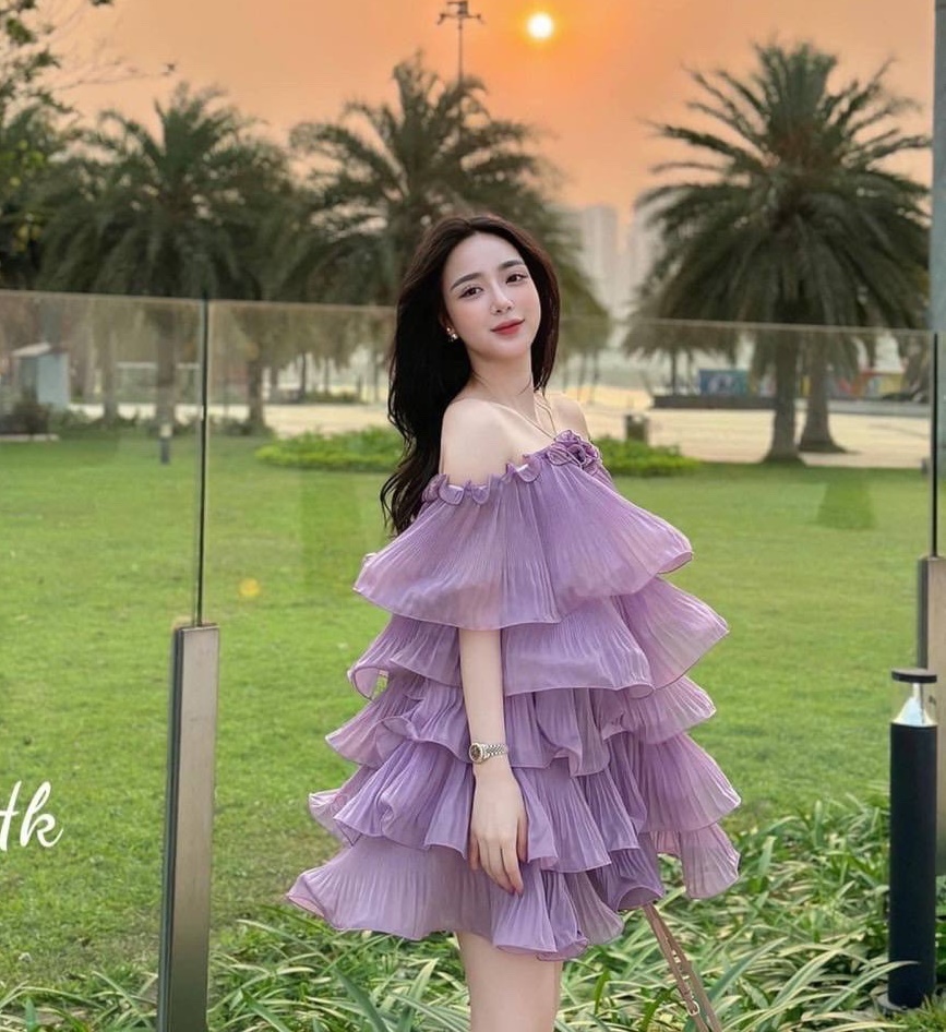 ĐẦM DÂY YẾM TRỄ VAI NGẮN RỘNG SUÔNG TRƠN XẾP LY BÈO TẦNG MÀU PASTEL ĐI BIỂN DỰ TIỆC DẠO PHỐ