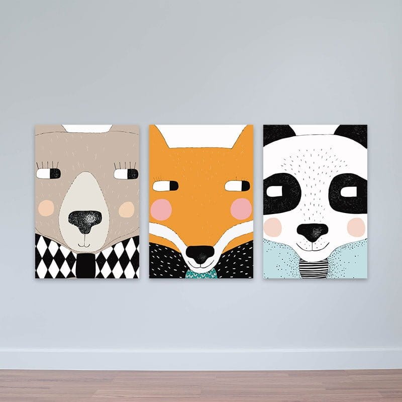 Bộ 3 tranh treo tường Bắc Âu "Cáo và Gấu" W2234 Canvas